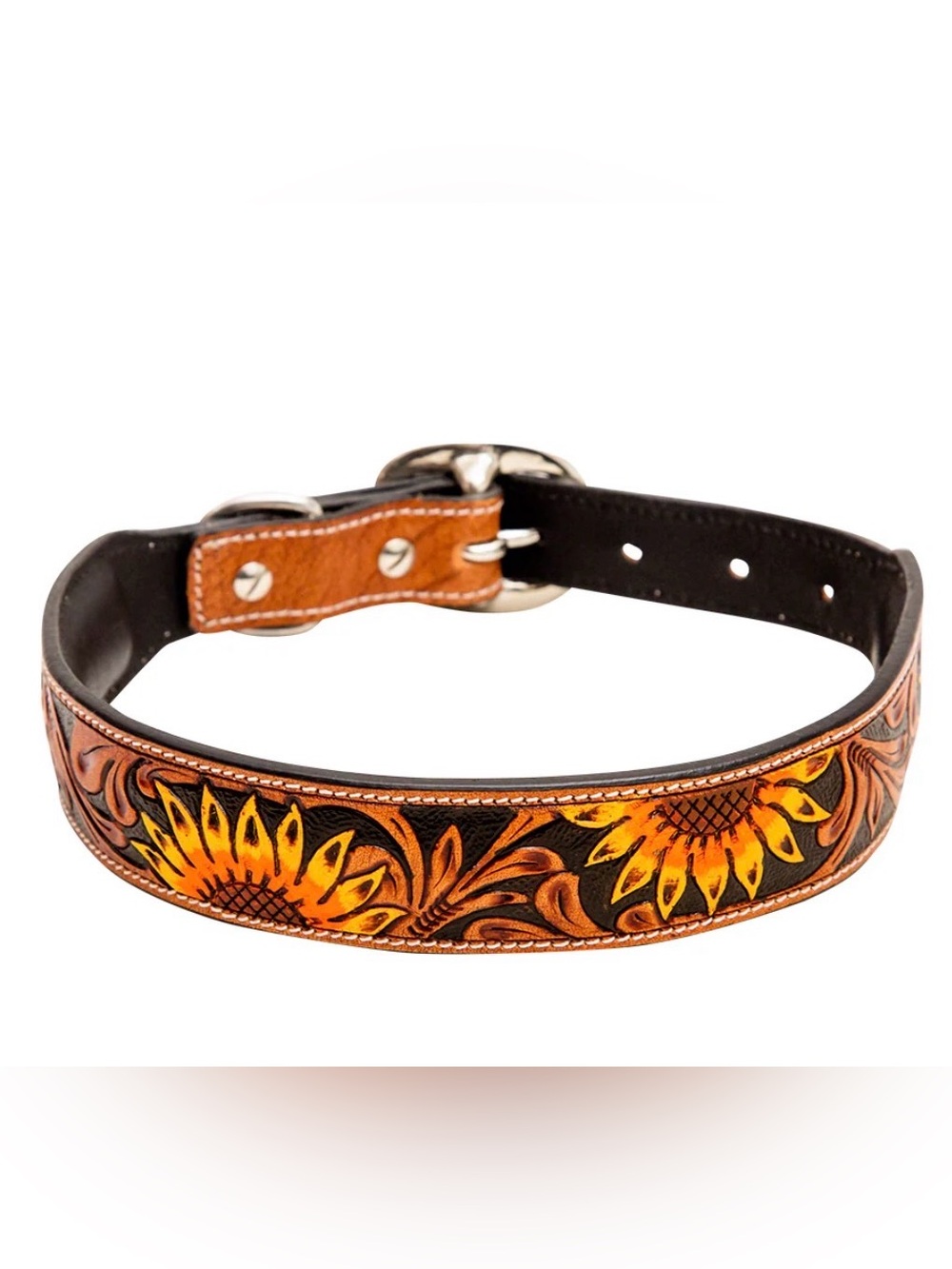 MYRA ZOOMPER HAND-TOOLED LEATHER DOG COLLAR LARGE 18”-22” SUNFLOWER